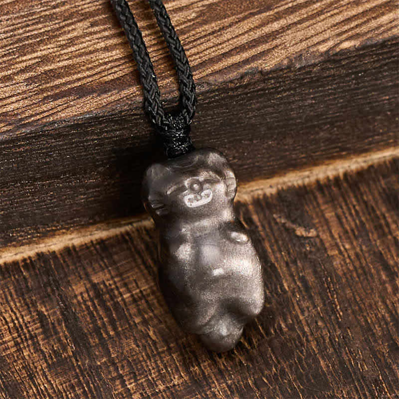 Buddha Stones Silberglänzender Obsidian-Katzenanhänger mit geflochtener Kordel als Erdungskette - image 3