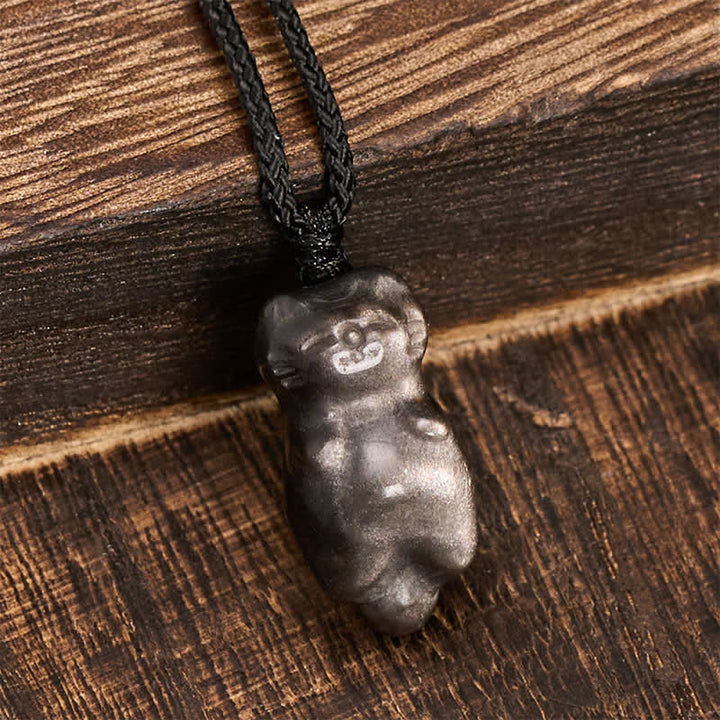 Buddha Stones Silberglänzender Obsidian-Katzenanhänger mit geflochtener Kordel als Erdungskette - image 3