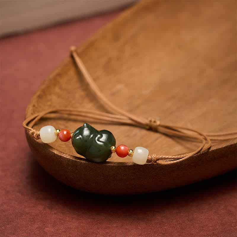 Buddha Stones Handgewebtes Armband aus natürlichem Hetian-Jade mit Katzenmotiv – ein Symbol des Überflusses - image 3