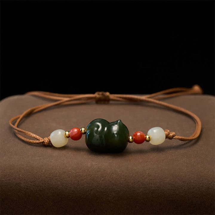 Buddha Stones Handgewebtes Armband aus natürlichem Hetian-Jade mit Katzenmotiv – ein Symbol des Überflusses - image 2