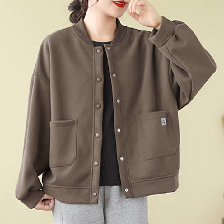 Buddha Stones Lässige, minimalistische, einfarbige Damenjacke mit Knopfleiste und Taschen für den Herbst - image 1