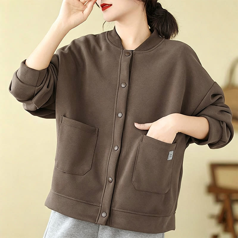 Buddha Stones Lässige, minimalistische, einfarbige Damenjacke mit Knopfleiste und Taschen für den Herbst - image 2