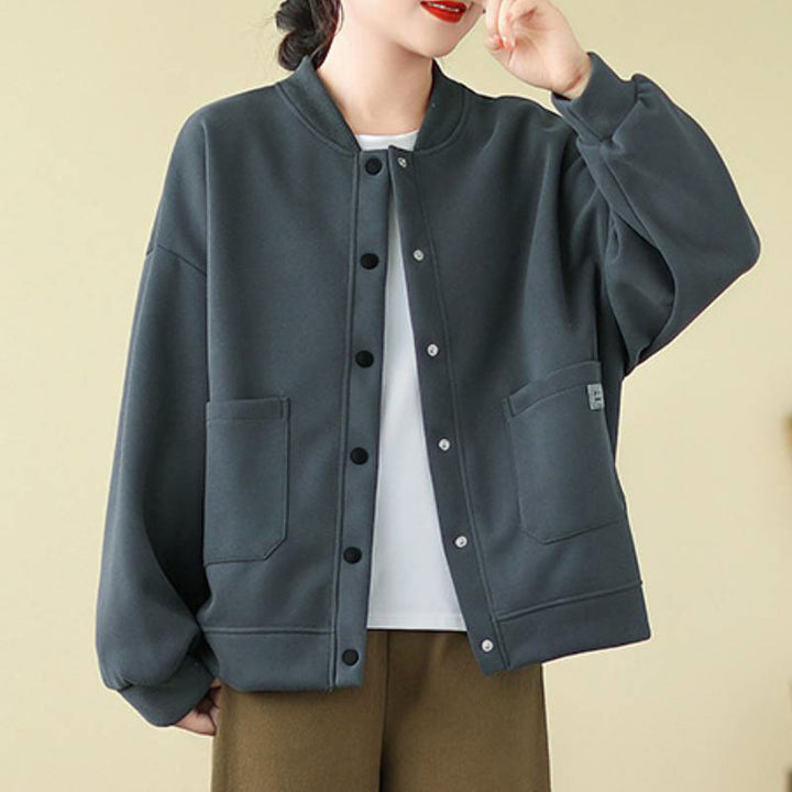 Buddha Stones Lässige, minimalistische, einfarbige Damenjacke mit Knopfleiste und Taschen für den Herbst - image 14
