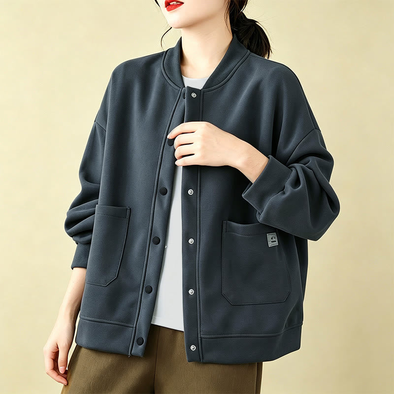 Buddha Stones Lässige, minimalistische, einfarbige Damenjacke mit Knopfleiste und Taschen für den Herbst - image 15