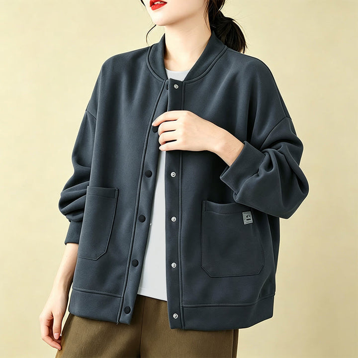 Buddha Stones Lässige, minimalistische, einfarbige Damenjacke mit Knopfleiste und Taschen für den Herbst - image 15