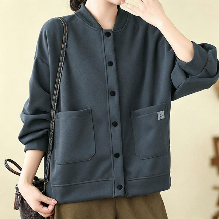Buddha Stones Lässige, minimalistische, einfarbige Damenjacke mit Knopfleiste und Taschen für den Herbst - image 16