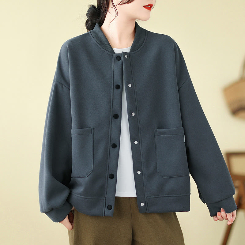 Buddha Stones Lässige, minimalistische, einfarbige Damenjacke mit Knopfleiste und Taschen für den Herbst - Schiefergrau - US12, UK/AU16, EU44 (XL) - image 13