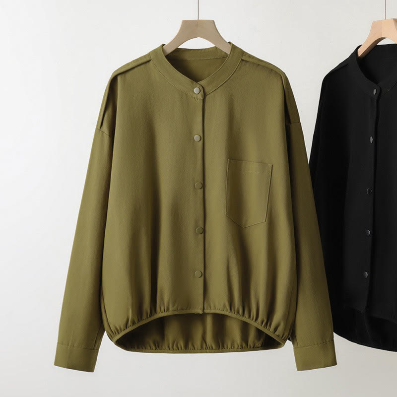 Buddha Stones Lässige Damenjacke im Tang-Stil mit Stehkragen und aufgesetzten Taschen für den Herbst. - Dunkelkhaki - US8-10, UK/AU12-14, EU40-42 (2XL) - image 0