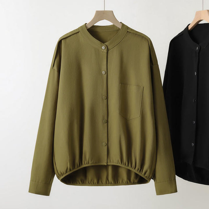 Buddha Stones Lässige Damenjacke im Tang-Stil mit Stehkragen und aufgesetzten Taschen für den Herbst. - Dunkelkhaki - US8-10, UK/AU12-14, EU40-42 (2XL) - image 0