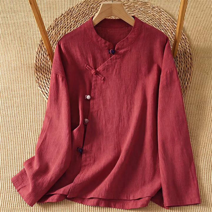 Buddha Stones Vintage-Damenblusen im Tang-Stil mit Froschknopf, langärmlig, einfarbig, für Frühling und Herbst - Feuerfestziegel - US8-10, UK/AU12-14, EU40-42 (2XL) - image 15