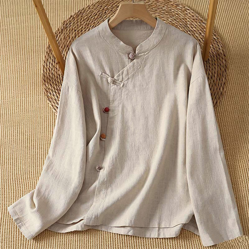 Buddha Stones Vintage-Damenblusen im Tang-Stil mit Froschknopf, langärmlig, einfarbig, für Frühling und Herbst - Beige - US8-10, UK/AU12-14, EU40-42 (2XL) - image 9