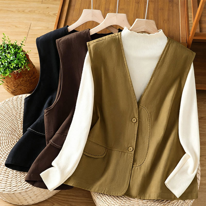 Buddha Stones Lässiges, minimalistisches Tanktop mit V-Ausschnitt, Knopfleiste und Tasche für Damen – perfekt für den Sommer. - image 21