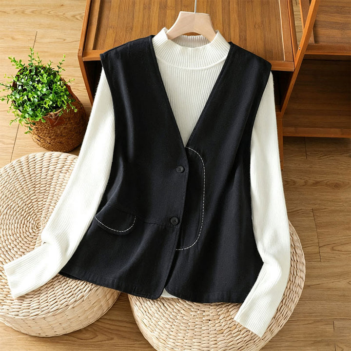 Buddha Stones Lässiges, minimalistisches Tanktop mit V-Ausschnitt, Knopfleiste und Tasche für Damen – perfekt für den Sommer. - Schwarz - US12, UK/AU16, EU44 (2XL) - image 0