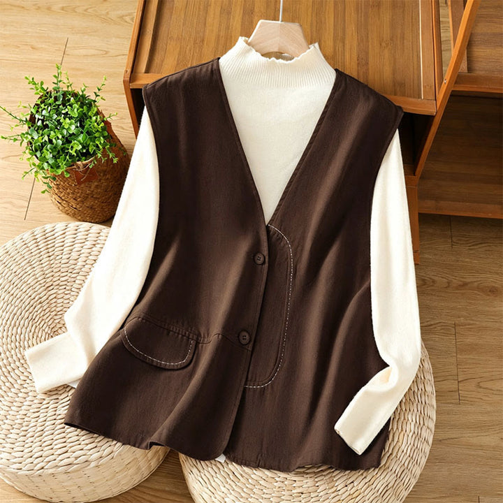 Buddha Stones Lässiges, minimalistisches Tanktop mit V-Ausschnitt, Knopfleiste und Tasche für Damen – perfekt für den Sommer. - Sattelbraun - US12, UK/AU16, EU44 (2XL) - image 14