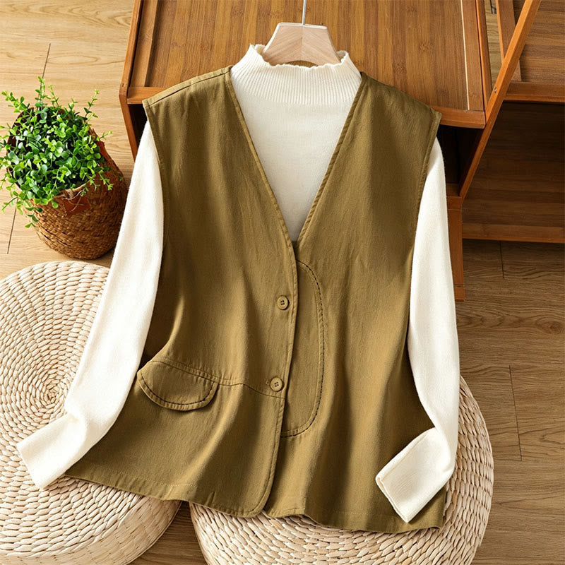 Buddha Stones Lässiges, minimalistisches Tanktop mit V-Ausschnitt, Knopfleiste und Tasche für Damen – perfekt für den Sommer. - Dunkelkhaki - US12, UK/AU16, EU44 (2XL) - image 6
