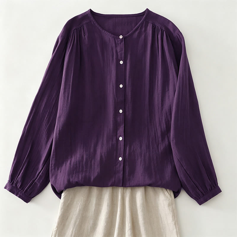 Buddha Stones Lässige Vintage-Damenblusen mit Knopfleiste, langärmlig, einfarbig, für Frühling und Herbst - RebeccaPurple - US12, UK/AU16, EU44 (2XL) - image 0