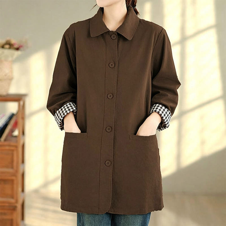 Buddha Stones Herbstliche, schlichte Damenjacke im Vintage-Karo-Stil mit Taschen - image 17