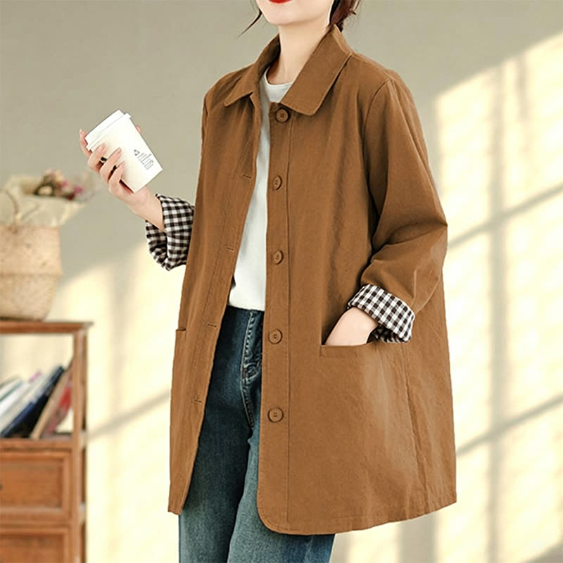 Buddha Stones Herbstliche, schlichte Damenjacke im Vintage-Karo-Stil mit Taschen - image 20