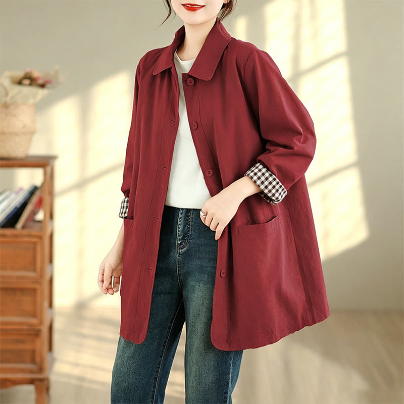Buddha Stones Herbstliche, schlichte Damenjacke im Vintage-Karo-Stil mit Taschen - image 12