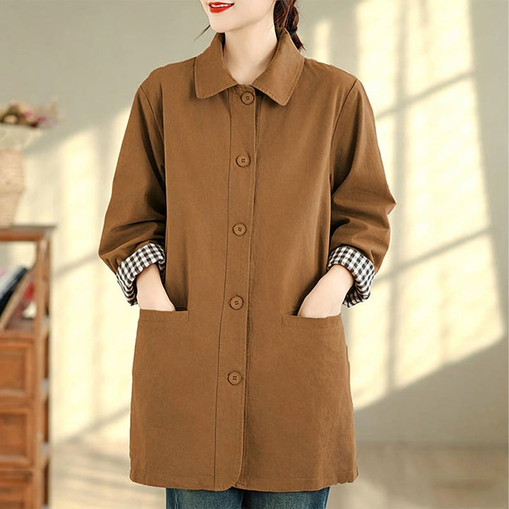 Buddha Stones Herbstliche, schlichte Damenjacke im Vintage-Karo-Stil mit Taschen - image 21