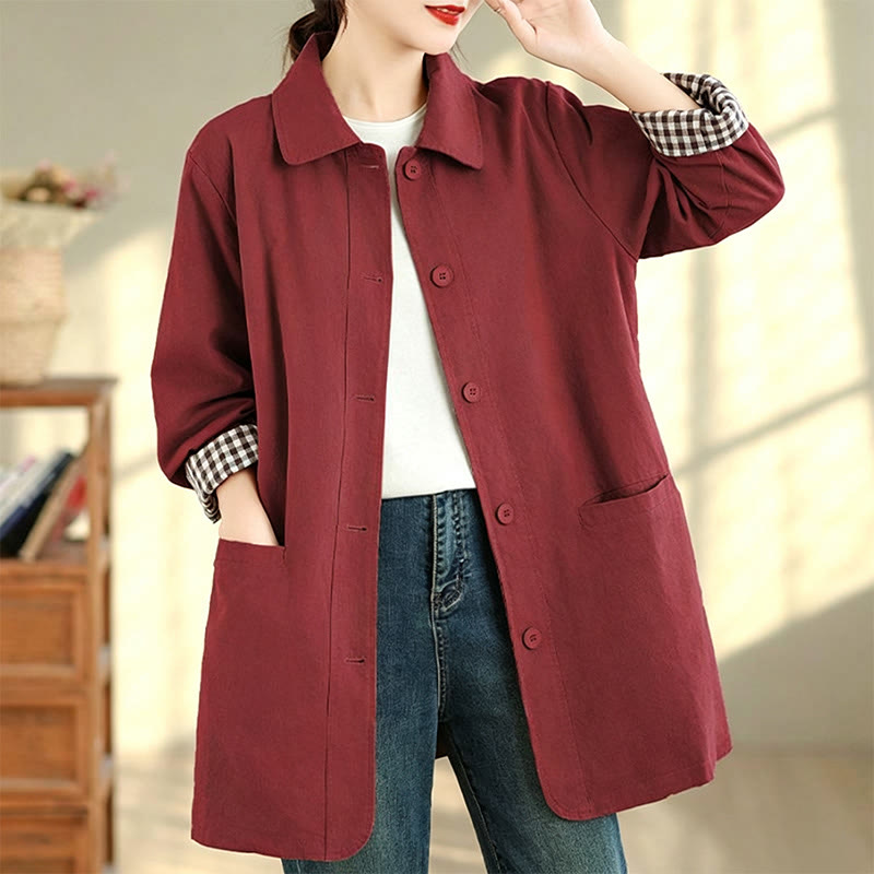 Buddha Stones Herbstliche, schlichte Damenjacke im Vintage-Karo-Stil mit Taschen - image 10