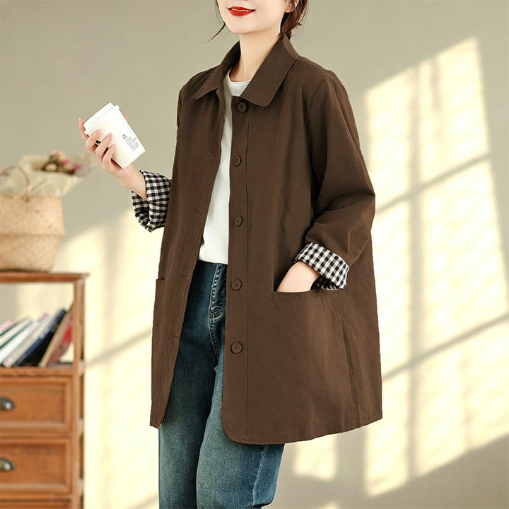 Buddha Stones Herbstliche, schlichte Damenjacke im Vintage-Karo-Stil mit Taschen - image 15