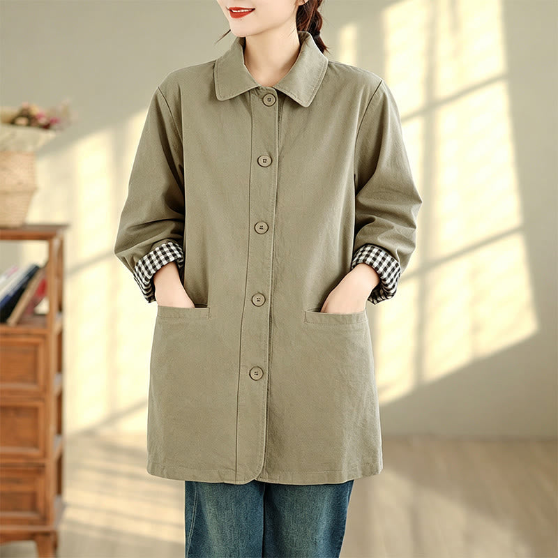 Buddha Stones Herbstliche, schlichte Damenjacke im Vintage-Karo-Stil mit Taschen - image 5