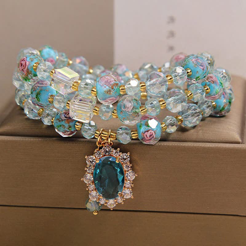 Buddha Stones Blaues Liuli-Glasperlen-Armband mit ovalem Blumenanhänger und dreifacher Wicklung - image 9