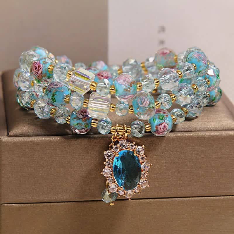 Buddha Stones Blaues Liuli-Glasperlen-Armband mit ovalem Blumenanhänger und dreifacher Wicklung - image 8