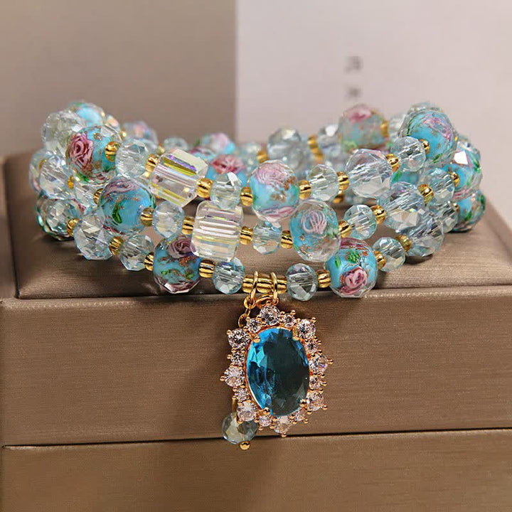 Buddha Stones Blaues Liuli-Glasperlen-Armband mit ovalem Blumenanhänger und dreifacher Wicklung - image 8
