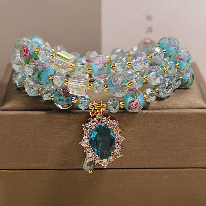 Buddha Stones Blaues Liuli-Glasperlen-Armband mit ovalem Blumenanhänger und dreifacher Wicklung - 5,9–6,3 Zoll / 15–16 cm - image 0