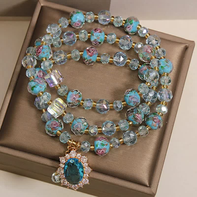 Buddha Stones Blaues Liuli-Glasperlen-Armband mit ovalem Blumenanhänger und dreifacher Wicklung - image 2