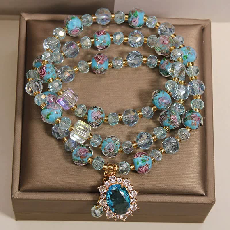 Buddha Stones Blaues Liuli-Glasperlen-Armband mit ovalem Blumenanhänger und dreifacher Wicklung - image 1