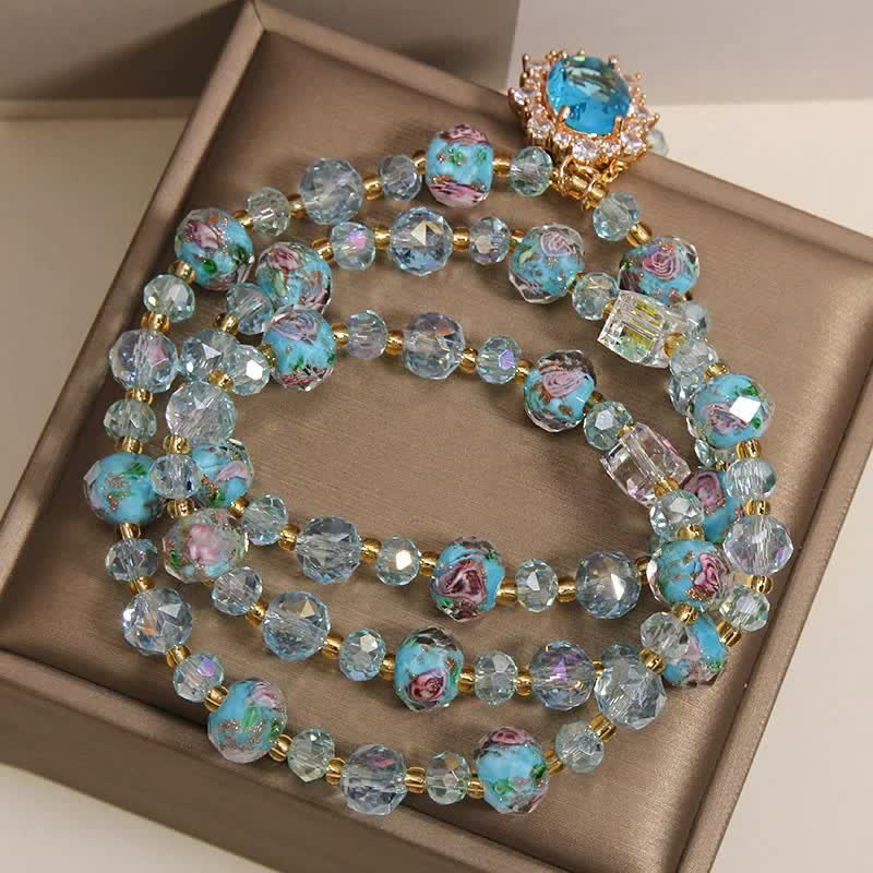 Buddha Stones Blaues Liuli-Glasperlen-Armband mit ovalem Blumenanhänger und dreifacher Wicklung - image 3