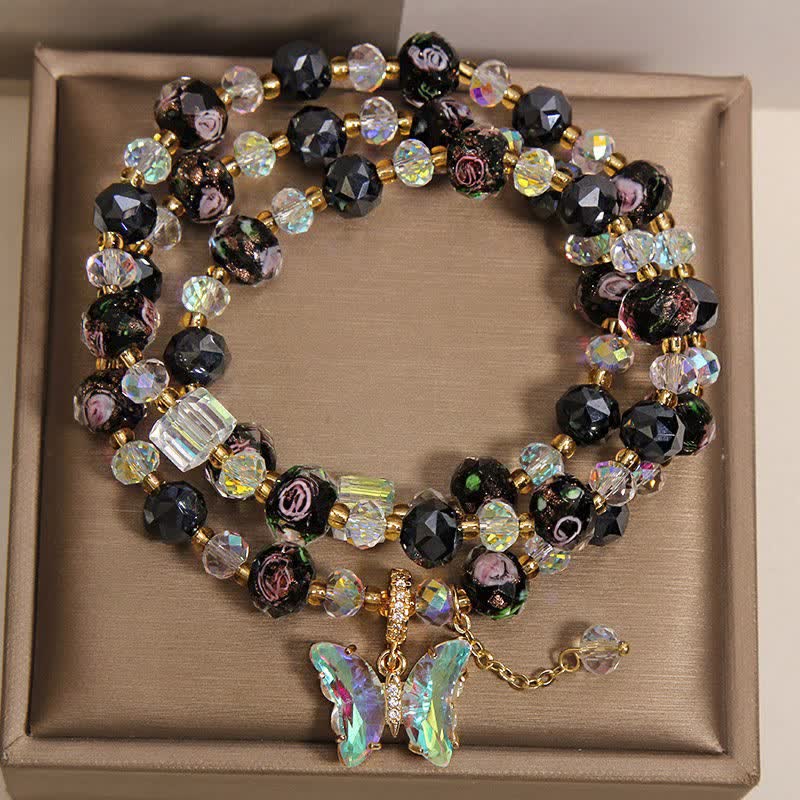 Buddha Stones Schwarzes Liuli-Glasperlen-Rosen-Schmetterlings-Charm-Transformations-Dreifachwickelarmband - image 1