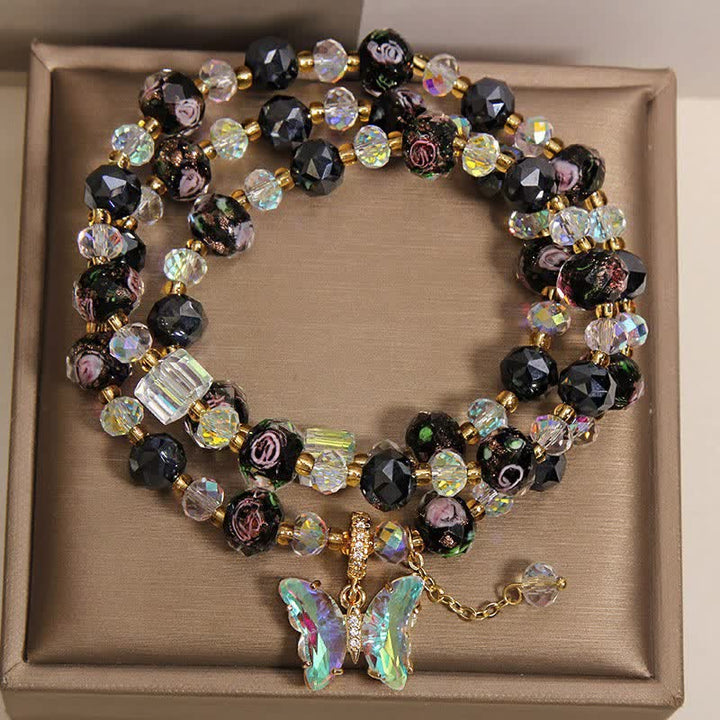 Buddha Stones Schwarzes Liuli-Glasperlen-Rosen-Schmetterlings-Charm-Transformations-Dreifachwickelarmband - image 1