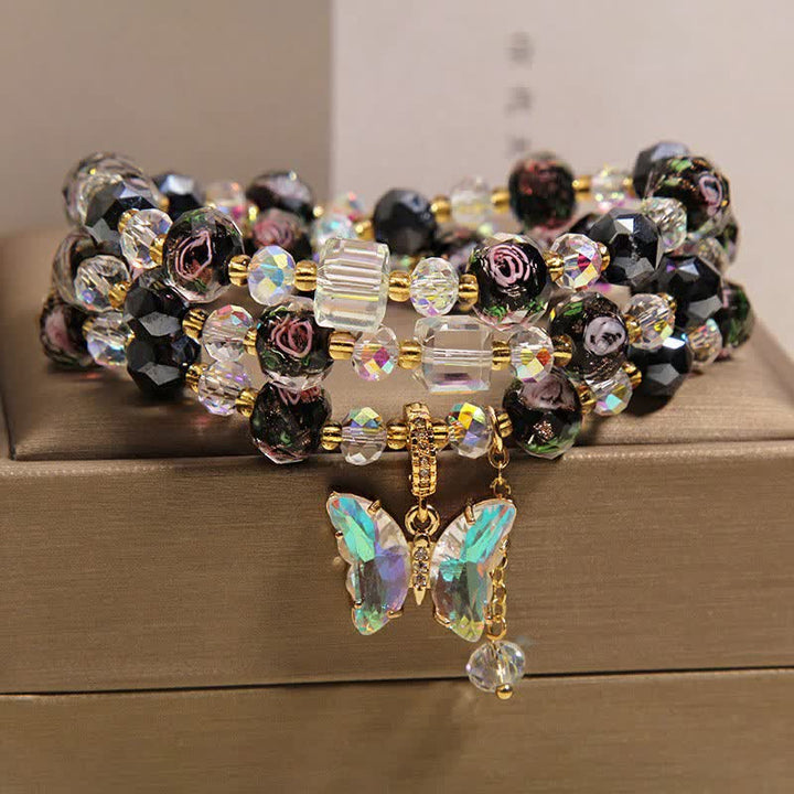 Buddha Stones Schwarzes Liuli-Glasperlen-Rosen-Schmetterlings-Charm-Transformations-Dreifachwickelarmband - Schmetterling (Transformation ♥ Liebe) - image 0