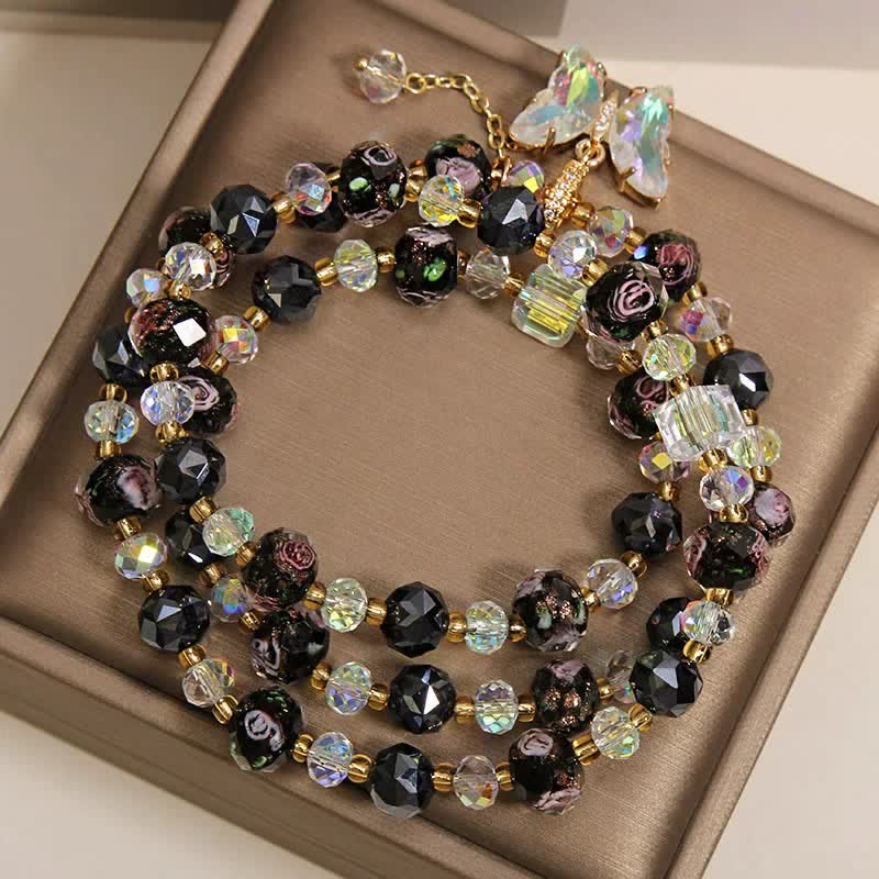 Buddha Stones Schwarzes Liuli-Glasperlen-Rosen-Schmetterlings-Charm-Transformations-Dreifachwickelarmband - image 2