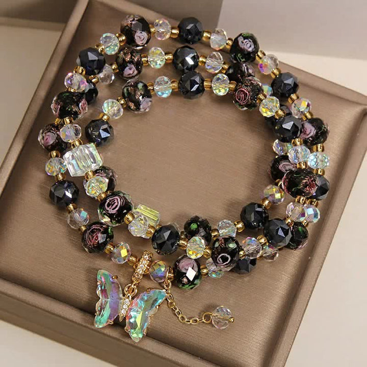 Buddha Stones Schwarzes Liuli-Glasperlen-Rosen-Schmetterlings-Charm-Transformations-Dreifachwickelarmband - image 3