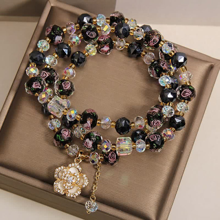 Buddha Stones Schwarzes Liu Li Glasperlen-Armband mit Kamelienblume und harmonischem Verbindungsmotiv - image 3