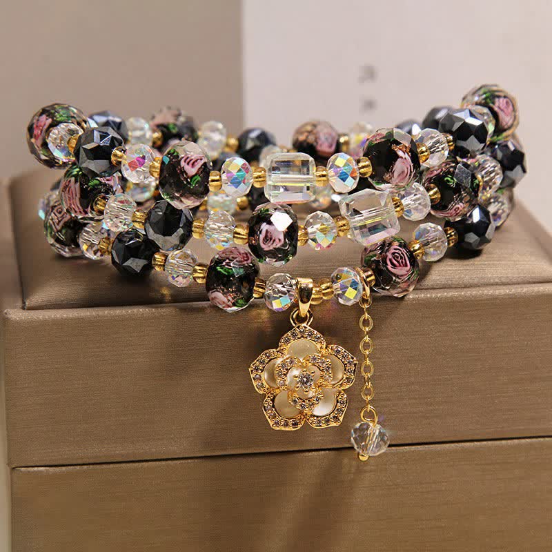 Buddha Stones Schwarzes Liu Li Glasperlen-Armband mit Kamelienblume und harmonischem Verbindungsmotiv - image 8