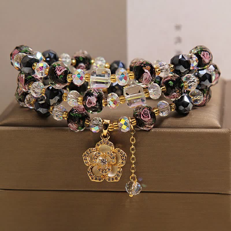 Buddha Stones Schwarzes Liu Li Glasperlen-Armband mit Kamelienblume und harmonischem Verbindungsmotiv - image 7