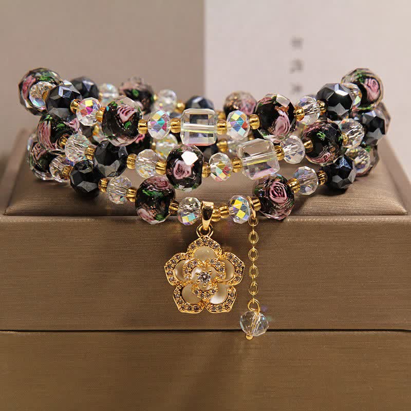 Buddha Stones Schwarzes Liu Li Glasperlen-Armband mit Kamelienblume und harmonischem Verbindungsmotiv - Schwarzer Kamelienanhänger - image 0