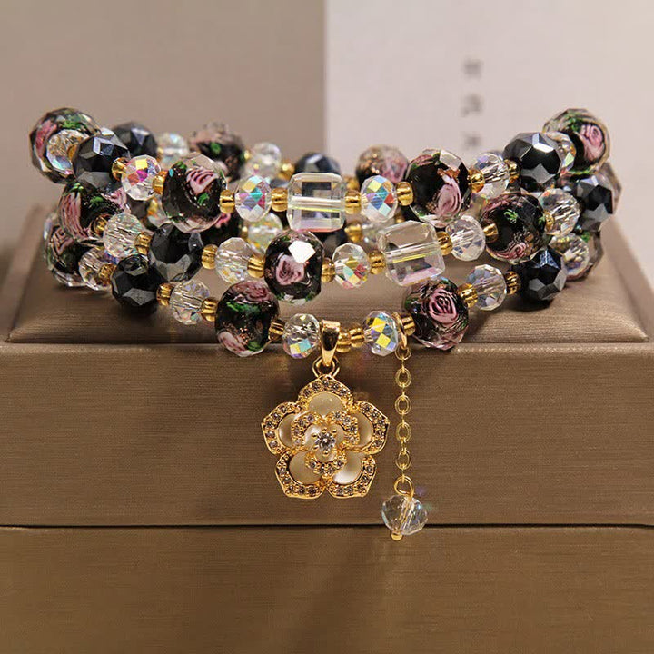 Buddha Stones Schwarzes Liu Li Glasperlen-Armband mit Kamelienblume und harmonischem Verbindungsmotiv - Schwarzer Kamelienanhänger - image 0