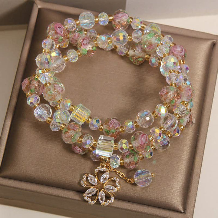 Buddha Stones Weißes Liuli Glasperlen-Armband mit Rosengarten-Motiv, dreifach gewickelt, floralem Charme - image 3