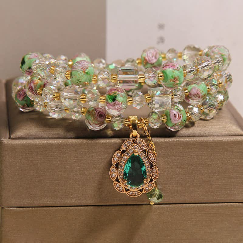 Buddha Stones Golden Liuli Glass Rose Garden Teardrop Energy Triple Wrap Armband - image 7