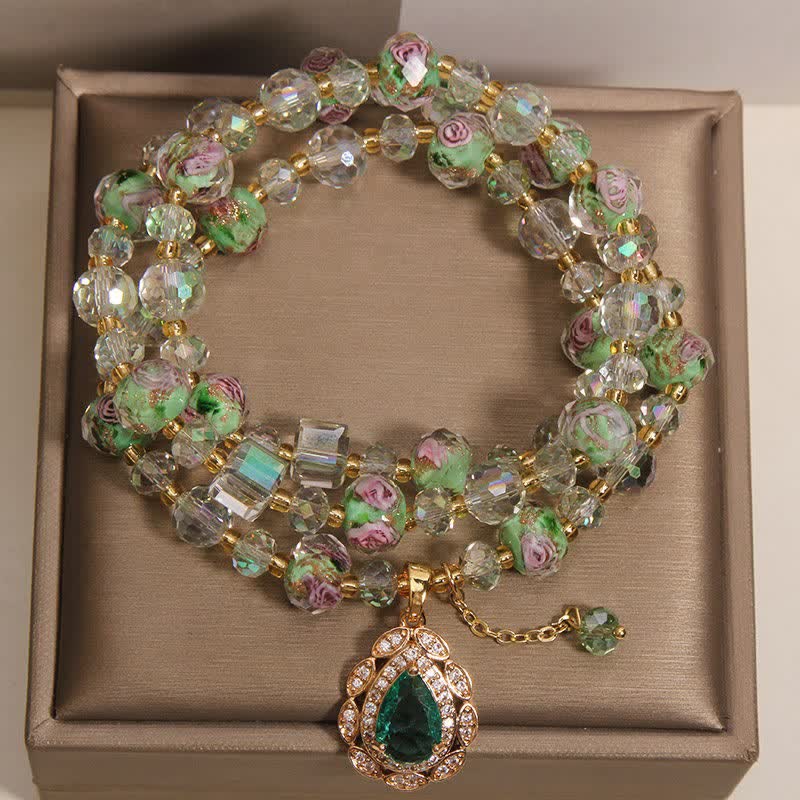 Buddha Stones Golden Liuli Glass Rose Garden Teardrop Energy Triple Wrap Armband - image 1