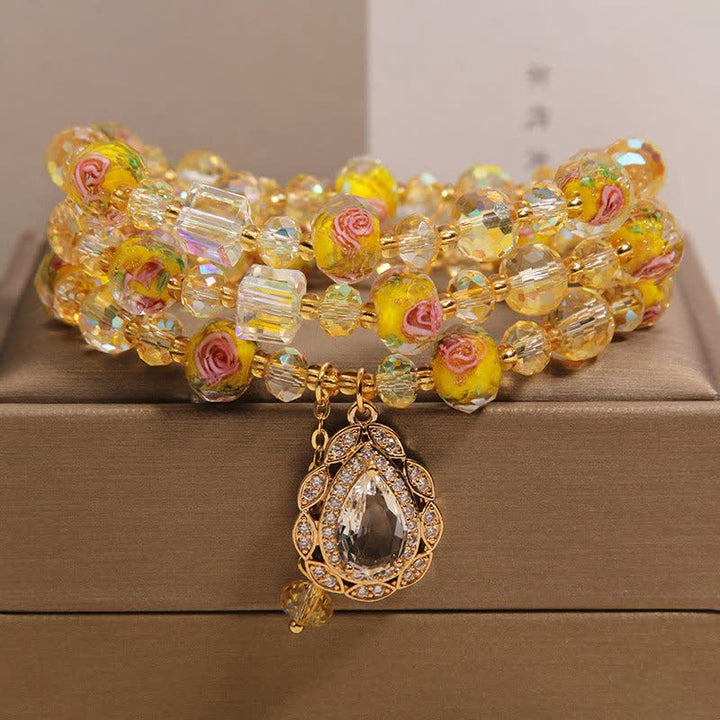 Buddha Stones Golden Liuli Glass Rose Garden Teardrop Energy Triple Wrap Armband - Gelb (Handgelenkumfang: 15-16 cm) - image 9