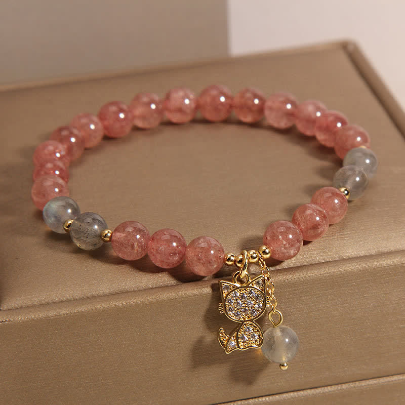 Buddha Stones Armband mit Erdbeerquarz-Mondstein-Katzenanhänger - image 4