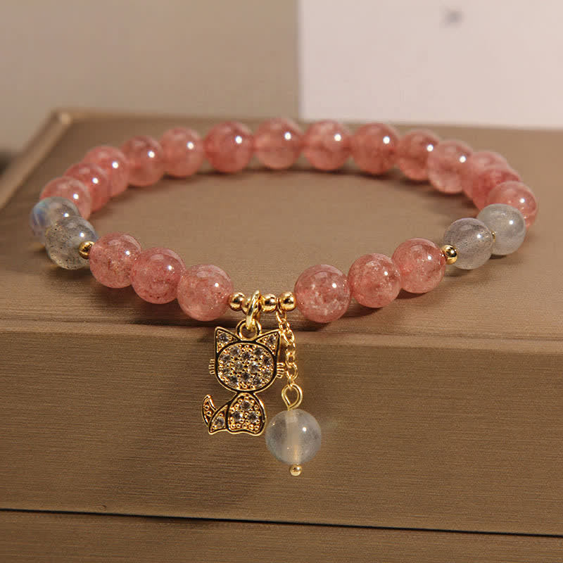 Buddha Stones Armband mit Erdbeerquarz-Mondstein-Katzenanhänger - image 5